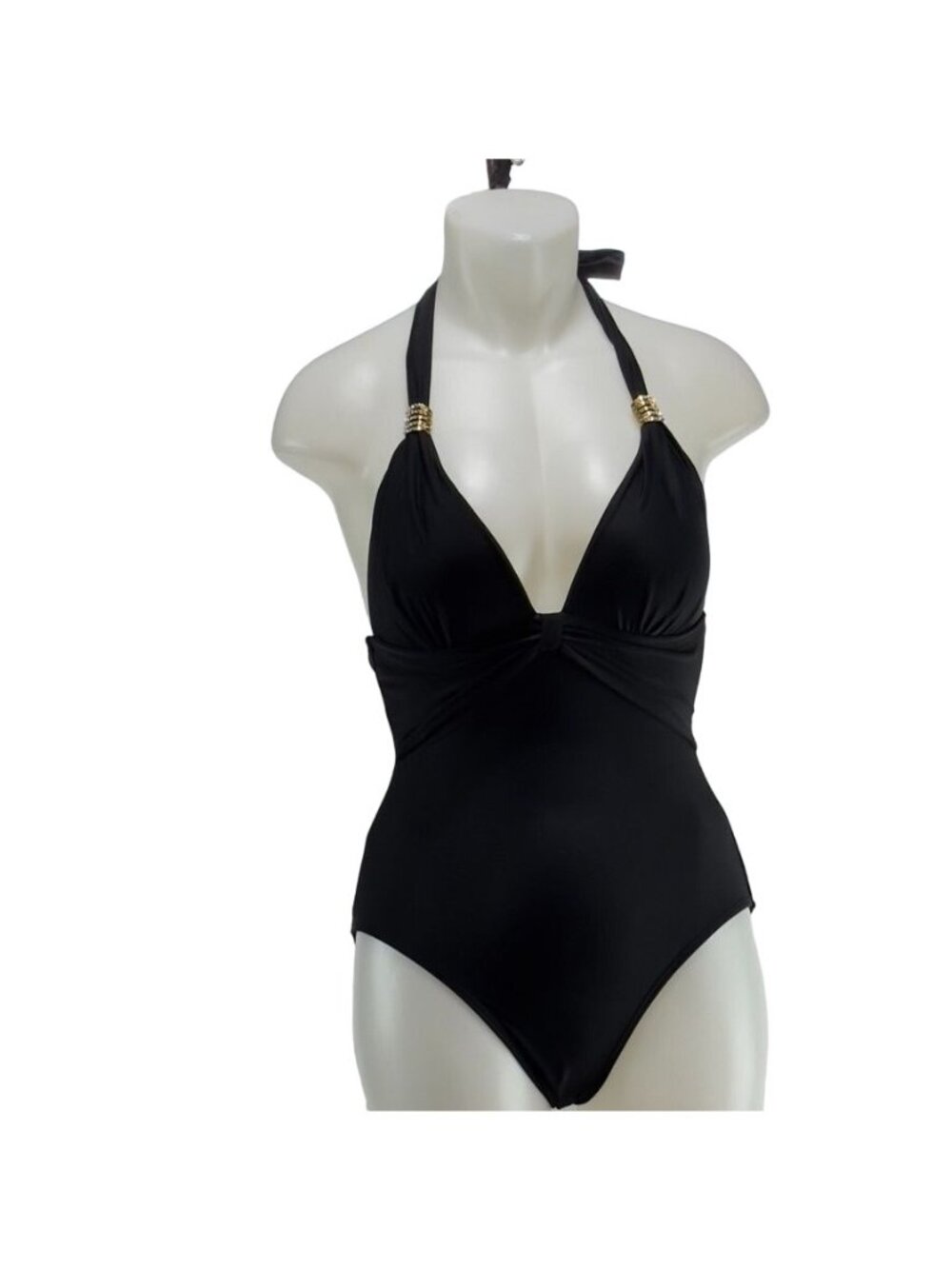 BEACH JOY Women's 1-Piece Swimsuit Nylon Black Built In Bra Open Back Tie Size M